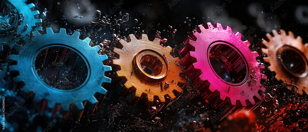 Poster colorful gears with vibrant paint splash creating an explosion of colors on a dark background