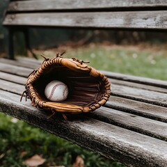 Close-up shot of a vintage baseball in a well-worn leather glove resting on an old weathered wooden bench in a grassy field. Concept of classic American sport, recreation, and outdoor activities.