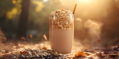 Healthy Smoothie with Oats, Sunrise Background, Nature Breakfast Theme, Refreshing Morning Beverage, Health Drink with Granola