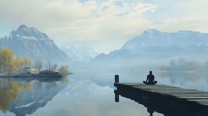 A person is sitting on the end of an old wooden dock, overlooking a calm lake with mountains in the background
