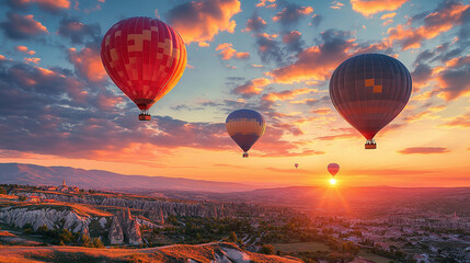 Obraz premium Majestic multi colored hot air balloons at valley sunrise. 