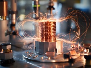 Closeup view of a glowing copper coil with electrical sparks and magnetic energy, representing innovation, technology, and scientific research.