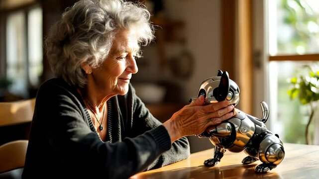 Elderly woman joyfully interacts with lifelike robot dog in sunlit room