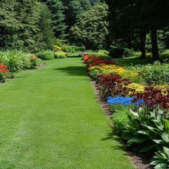 Obraz premium Colorful Flowerbeds Line Garden Path