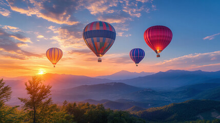 Naklejka premium Majestic multi colored hot air balloons at valley sunrise. 