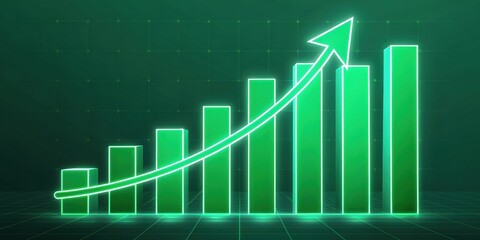 Glowing green bar graph with upward arrow on dark background