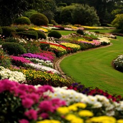 Colorful Flowerbeds With Lush Green Grass