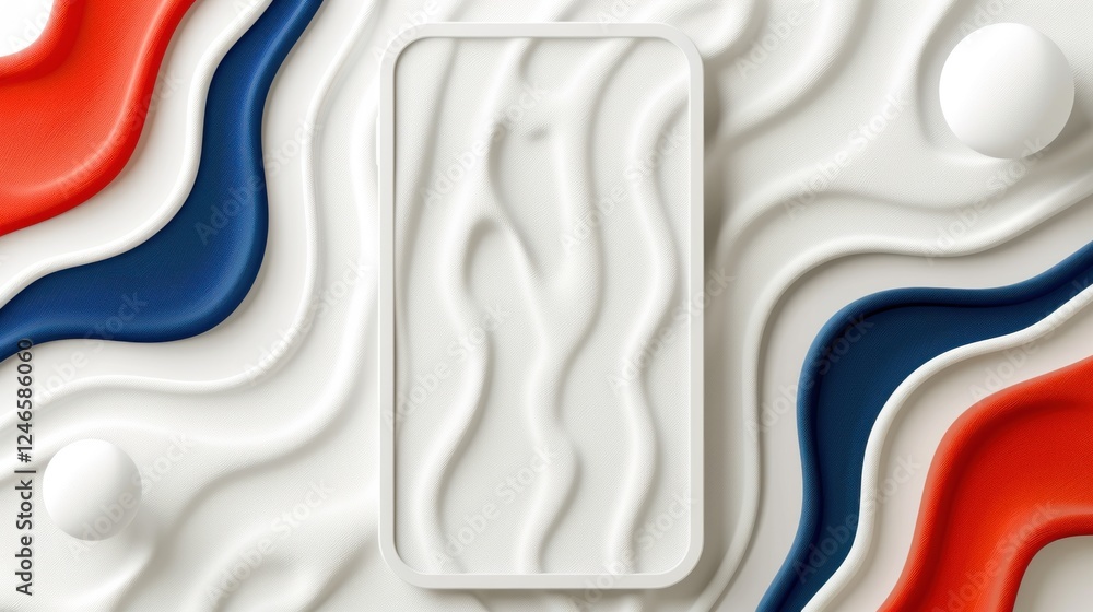 Aufkleber abstract background with wavy patterns and smartphone frame in red, white, and blue color scheme
