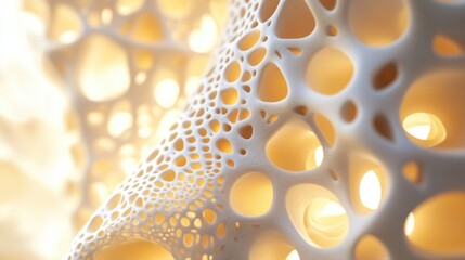 A detailed closeup view of the crosssectional structure of a synthetic bone graft emphasizing the intricate lattice design aimed at mimicking natural bone properties with a focus on