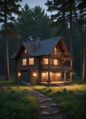 Quaint wooden cabin in a serene forest clearing at twilight, serene, painting, forest, twilight