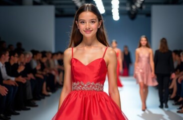 Naklejka premium Stylish girl on the catwalk. Fashion week. Red dress.