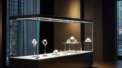 hining glass showcase with jewelry with directional light