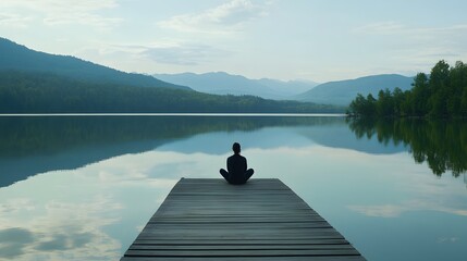 A person is sitting on the end of an old wooden dock, overlooking a calm lake with mountains in the background
