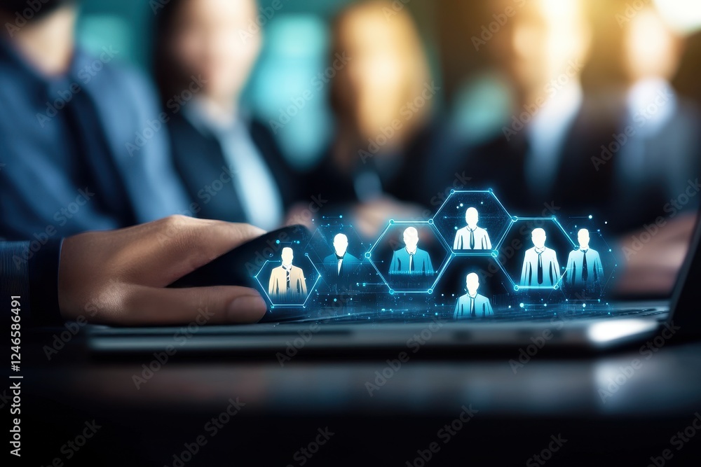 Poster futuristic concept of digital networking and collaboration with virtual human icons on laptop in bus