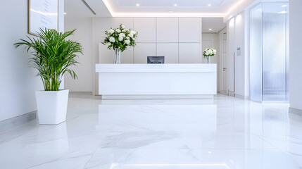Modern office reception desk with white marble floor and plants.  Possible use Corporate brochure