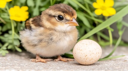 Fototapeta premium Young Bird Near Egg, Nestling in Green Grass