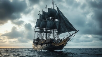 Obraz premium Pirate ship with black sails in the open sea, maritime landscape, sunset, stormy clouds, historical sailing vessel, ghost ship, sea adventure, legendary frigate, mysterious atmosphere