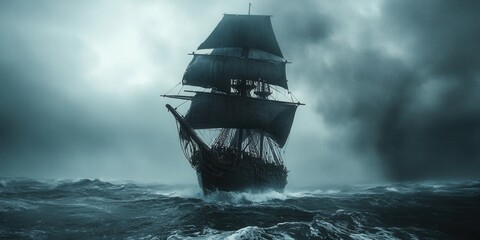 Pirate ship with black sails in the open sea, maritime landscape, sunset, stormy clouds, historical sailing vessel, ghost ship, sea adventure, legendary frigate, mysterious atmosphere