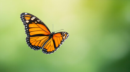 Fototapeta premium Monarch butterfly in flight, soft green background. Possible use nature, education, greeting cards