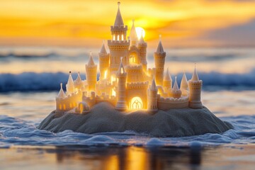 Sandcastle masterpiece glows at sunset on a beach with crashing waves