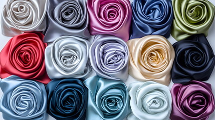 Silk roses in various colors arranged on a white background, perfect for design projects and crafts.