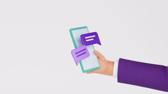 Smartphone new message animation. Mobile phone, online chat, Social network concept. Chatting with friends and sending text messages. speech bubbles. 3d render, looped animaion