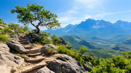 Mountain path with a tree, sunny day, scenic view. Possible use nature photography, travel brochure