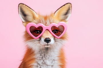 Obraz premium closeup photo of a stylish fox wearing oversized pink heart-shaped sunglasses. expression is calm and confident, exuding a playful and trendy vibe. The background is a solid pastel pink 