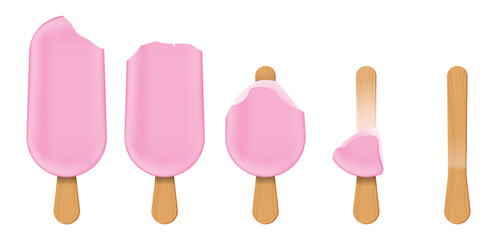 Set illustration of showing the progressive stages of a pink ice cream popsicle being eaten, from a whole treat to an empty wooden stick. The image represents the concept of consumption, melting, and