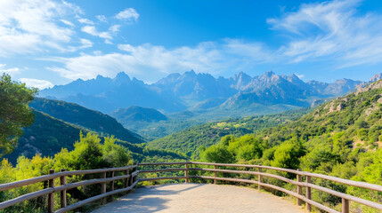 Mountain valley vista from elevated wooden railing.  Possible use Tourist attraction brochure, travel magazine