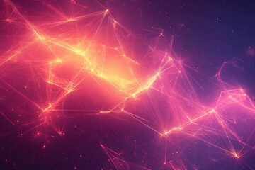 Obraz premium Abstract Digital Network with Glowing Lines and Nodes in Vibrant Pink and Orange Hues on a Dark Background