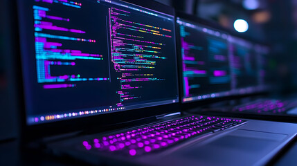 Obraz premium Multiple laptops displaying colorful computer code at night. Possible use stock photo for technology articles or websites