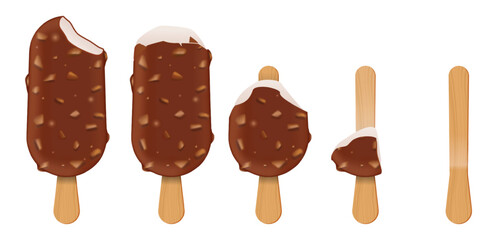 Set illustration of progressive melting and consumption of a chocolate-covered ice cream bar with nuts on a wooden stick. The sequence shows the ice cream gradually being eaten until only the stick
