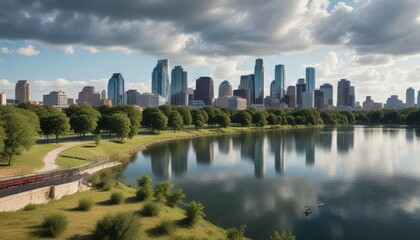 Obraz premium Panoramic drone view of Lady Bird Lake and the Austin skyline , Reflections, Panorama