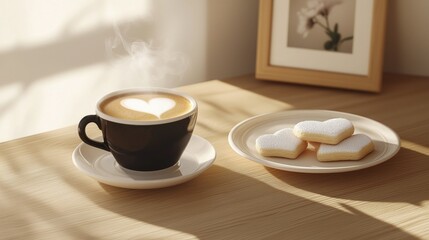Valentine - themed coffee and cookies setup, featuring a cup of coffee with heart - shaped latte art and heart - shaped powdered cookies on a wooden table, ideal for cozy and loving Valentine's Day.