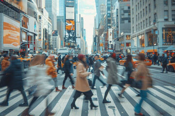 Obraz premium Blurred Crowd of unrecognizable business people walking on Zebra crossing in rush hour working day, blur business and people, lifestyle and leisure
