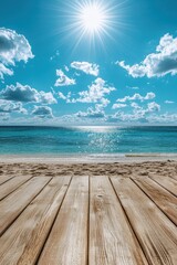 Fototapeta premium Stunning Beach View with Wooden Deck Overlooking Crystal Clear Ocean and Bright Blue Sky on a Sunny Day