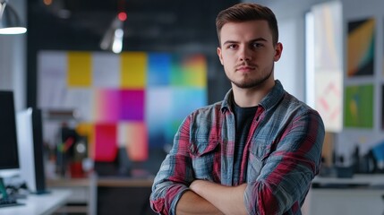Fototapeta premium Portrait of a young Caucasian man in a creative graphic design studio. His confident posture and serious expression convey professionalism and artistic talent.
