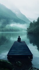 A person is sitting on the end of an old wooden dock, overlooking a calm lake with mountains in the background

