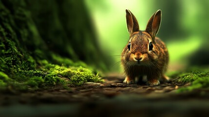 Fototapeta premium Young Forest Rabbit Gazing Intently Mossy Ground