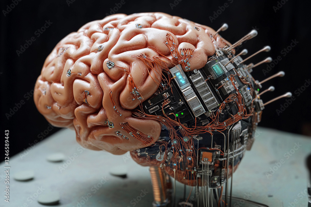 Fototapete futuristic brain design featuring circuit board elements merging technology with organic structure