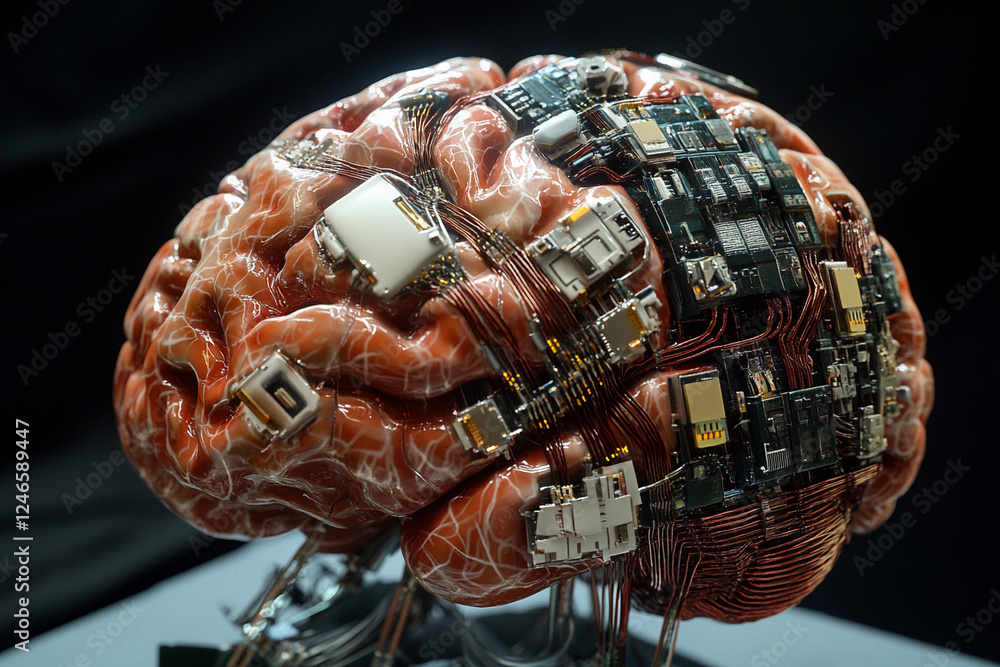 Fototapete futuristic brain design featuring circuit board elements merging technology with organic structure