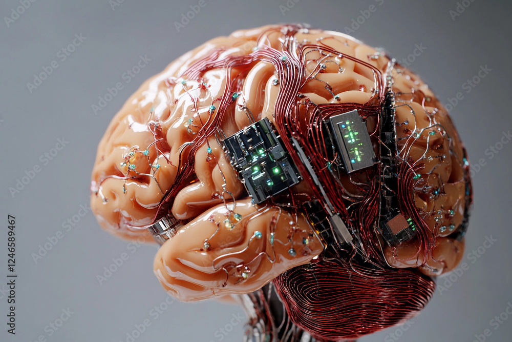 Fototapete futuristic brain design featuring circuit board elements merging technology with organic structure