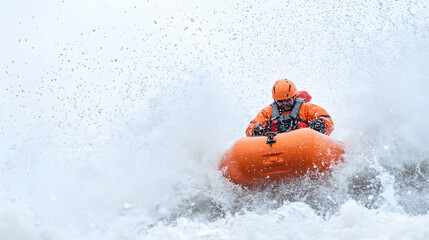 Fototapeta premium Person in orange raft navigating rough water
