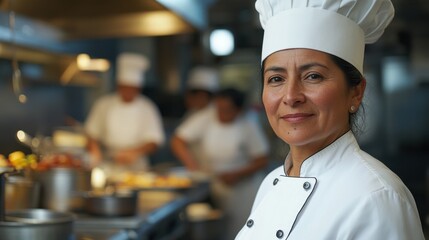 A professional middle-aged Hispanic female chef stands confidently in a bustling kitchen, showcasing her culinary skills and dedication to the art of cooking.