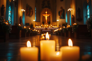 Christian altar with candles, carved crucifix in softly lit church. Majestic cathedral interior adorned with candles. Peace and spirituality	