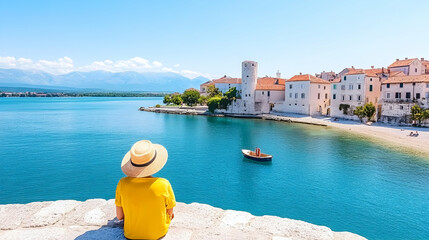 Person overlooking Adriatic town, relaxing on seaside wall, enjoying scenic view, travel destination, photo for tourism promotion