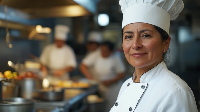 A professional middle-aged Hispanic female chef stands confidently in a bustling kitchen, showcasing her culinary skills and dedication to the art of cooking.