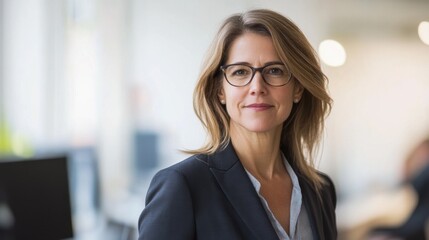 A confident middle-aged European woman stands in a modern office, wearing glasses and a professional outfit. She exudes a sense of maturity and poise, ideal for business contexts.