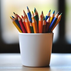 Collection of various multicolored pencils standing upright in a white ceramic container, capturing the essence of creativity, education, and the tools required for expression and learning.